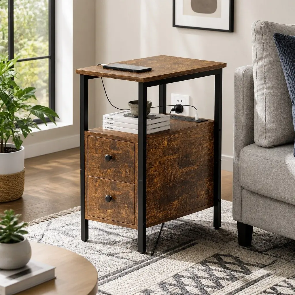 Narrow Side Table with USB Ports and Storage Drawers