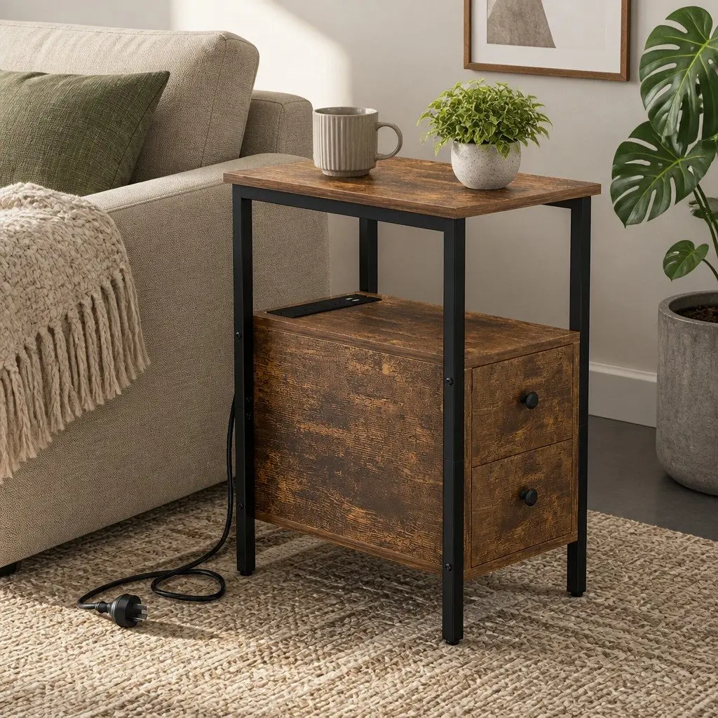 Narrow Side Table with USB Ports and Storage Drawers