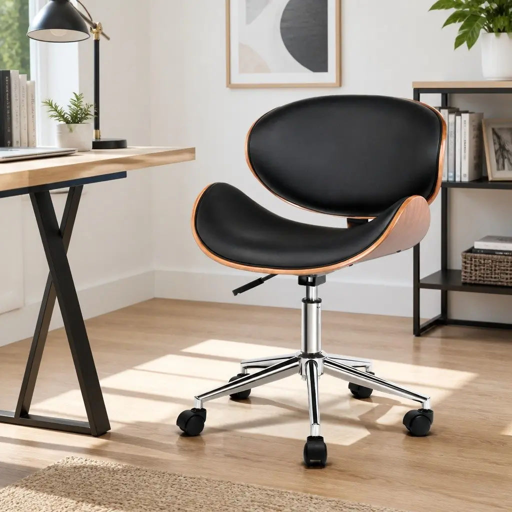 Wooden Office Chair Black PU Leather Seat 360 Degree Swivel Castor Wheels