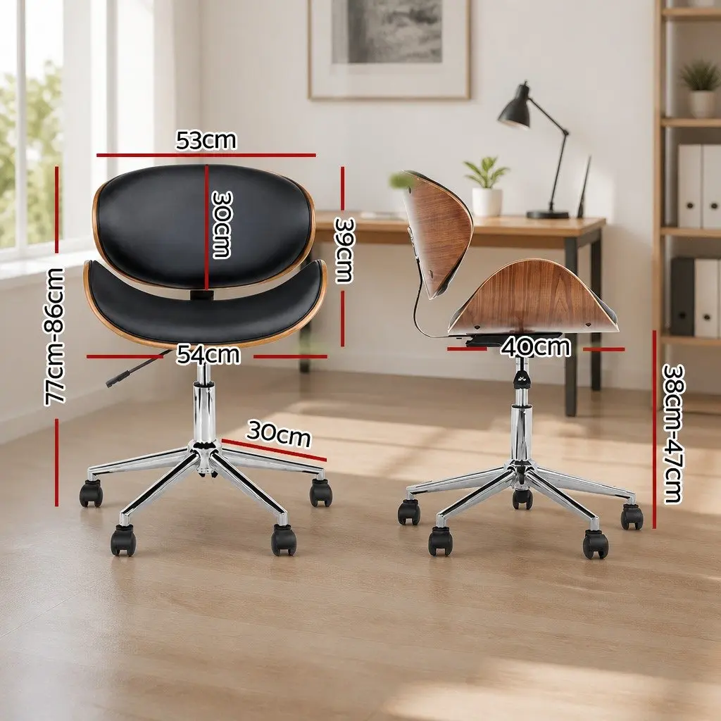 Wooden Office Chair Black PU Leather Seat 360 Degree Swivel Castor Wheels