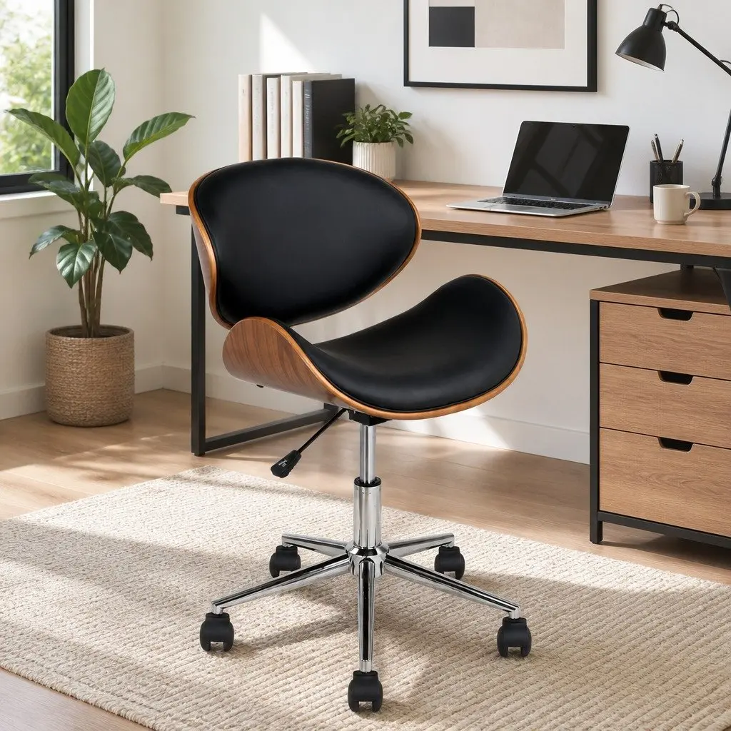 Wooden Office Chair Black PU Leather Seat 360 Degree Swivel Castor Wheels