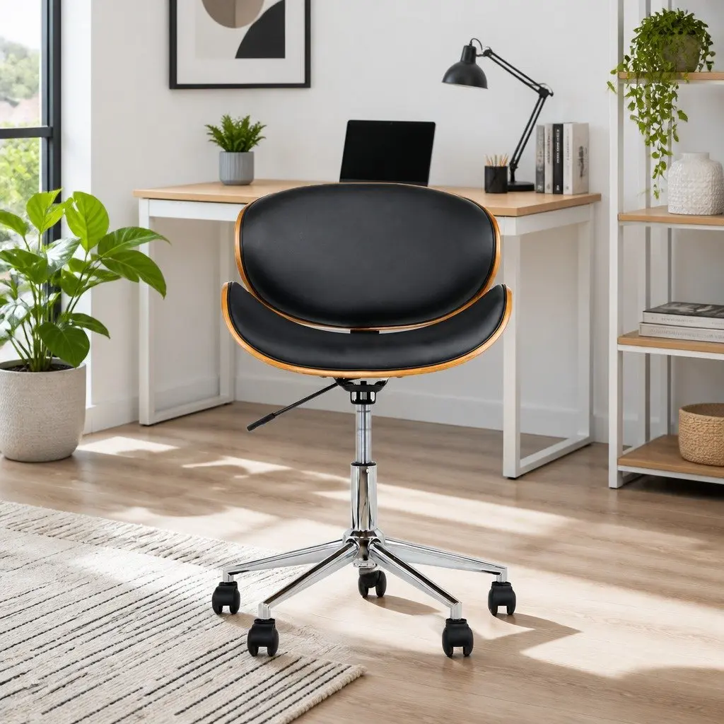 Wooden Office Chair Black PU Leather Seat 360 Degree Swivel Castor Wheels