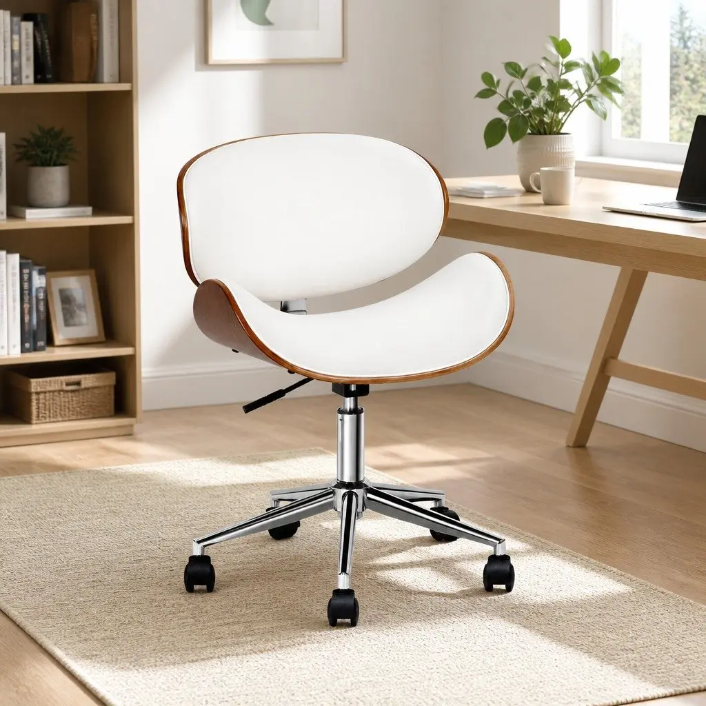 Wooden Office Chair with White Leather Seat