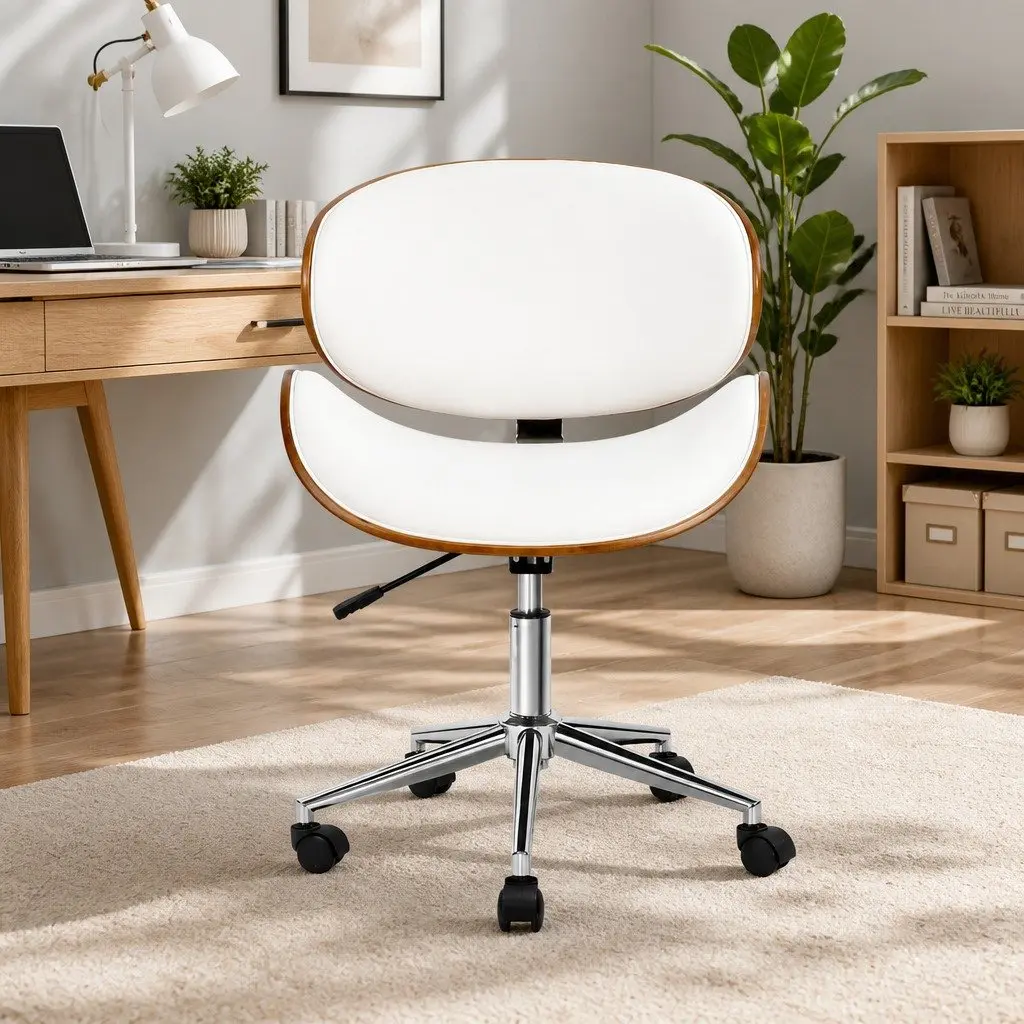 Wooden Office Chair with White Leather Seat