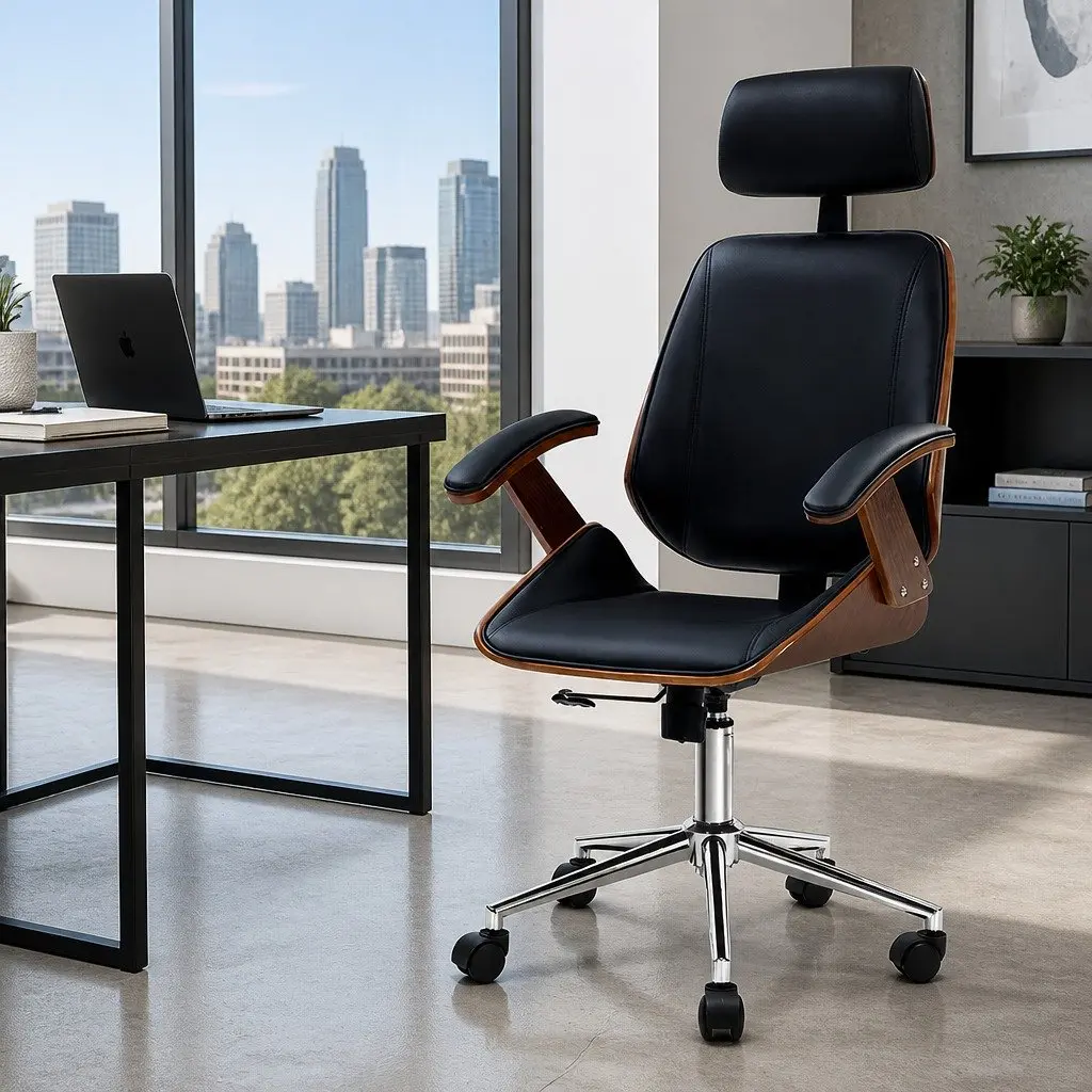Ergonomic Wooden Office Chair with Black Leather Seat