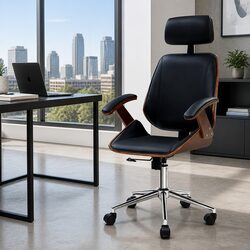 Ergonomic Wooden Office Chair with Black Leather Seat