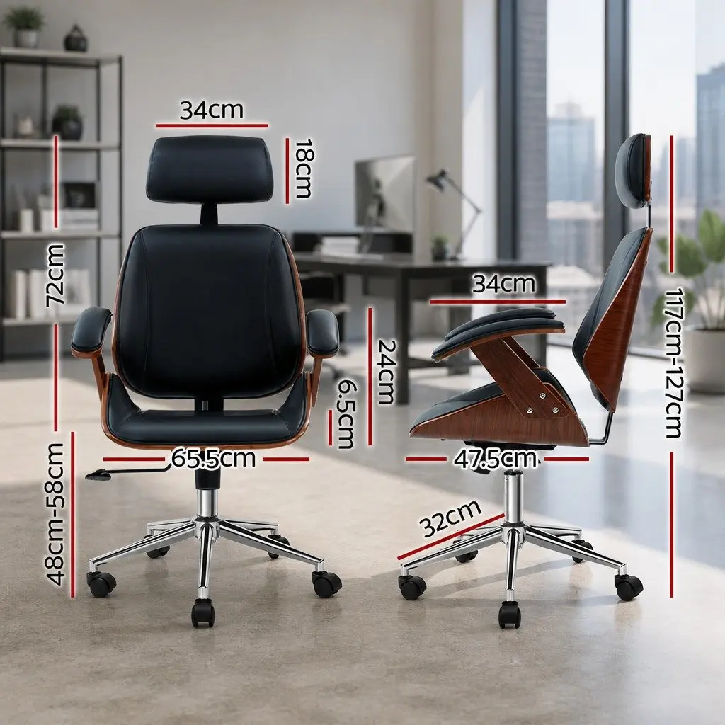 Ergonomic Wooden Office Chair with Black Leather Seat