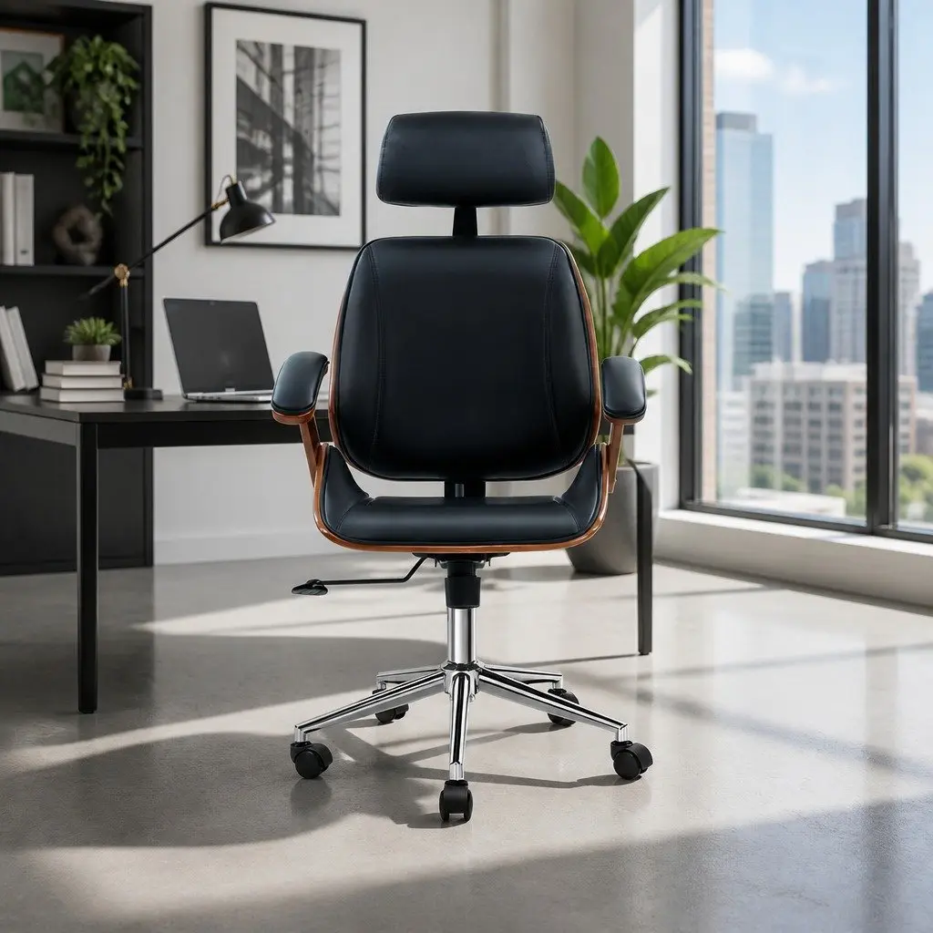 Ergonomic Wooden Office Chair with Black Leather Seat