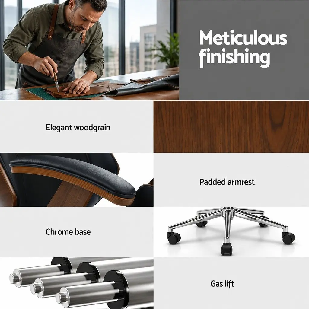 Ergonomic Wooden Office Chair with Black Leather Seat