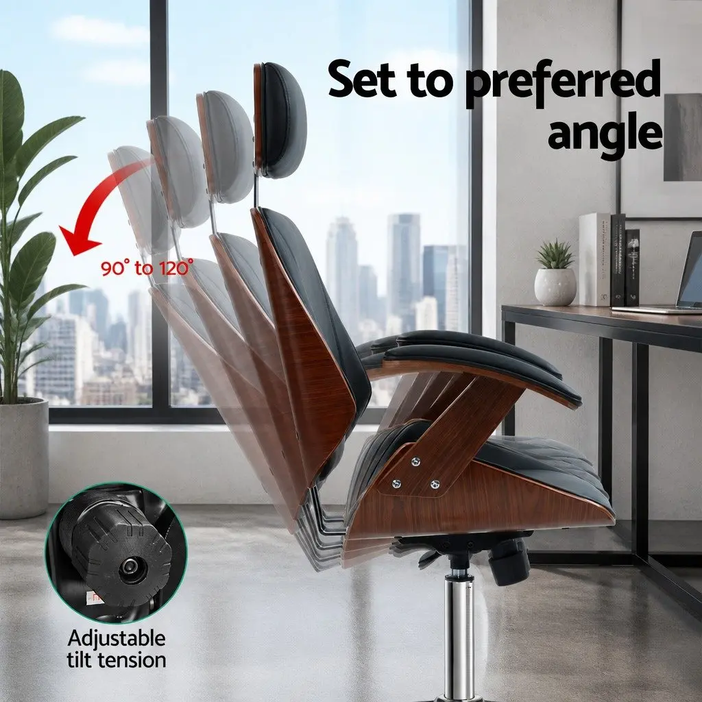 Ergonomic Wooden Office Chair with Black Leather Seat