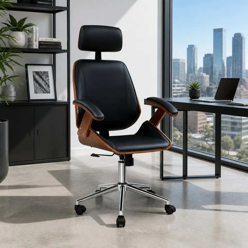Ergonomic Wooden Office Chair with Black Leather Seat