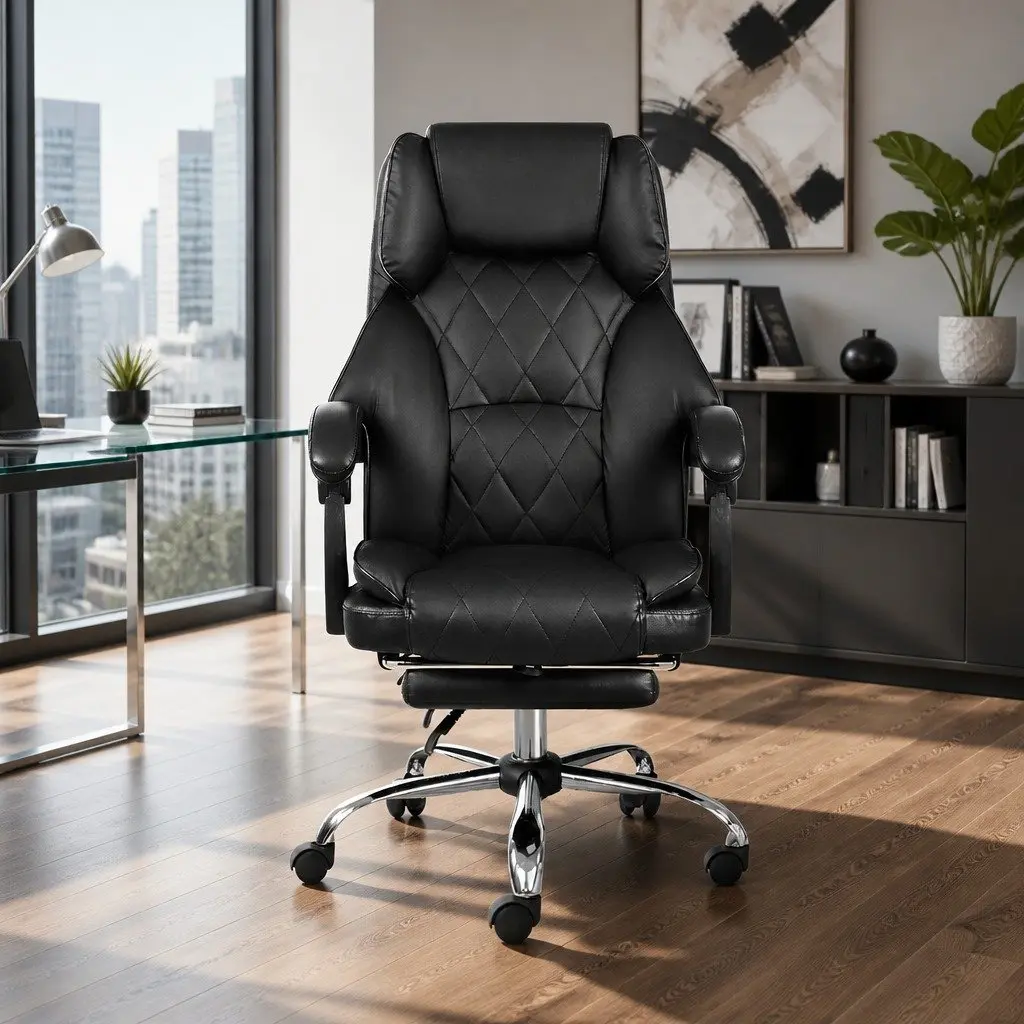 Executive Office Chair Reclining Black Leather High-Back with Footrest