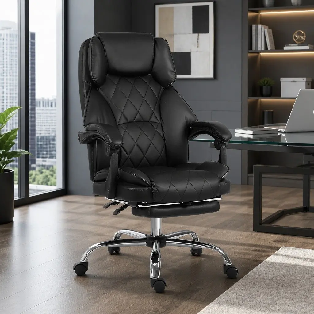 Executive Office Chair Reclining Black Leather High-Back with Footrest
