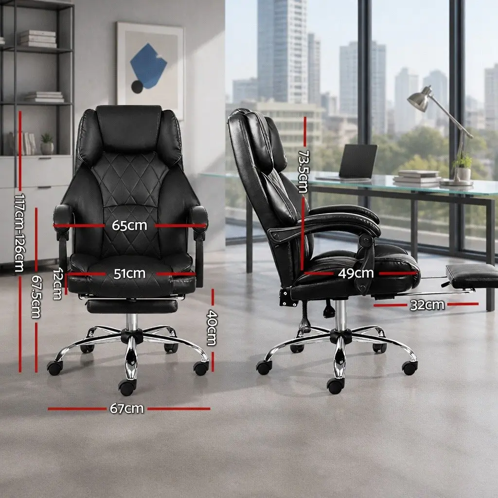 Executive Office Chair Reclining Black Leather High-Back with Footrest