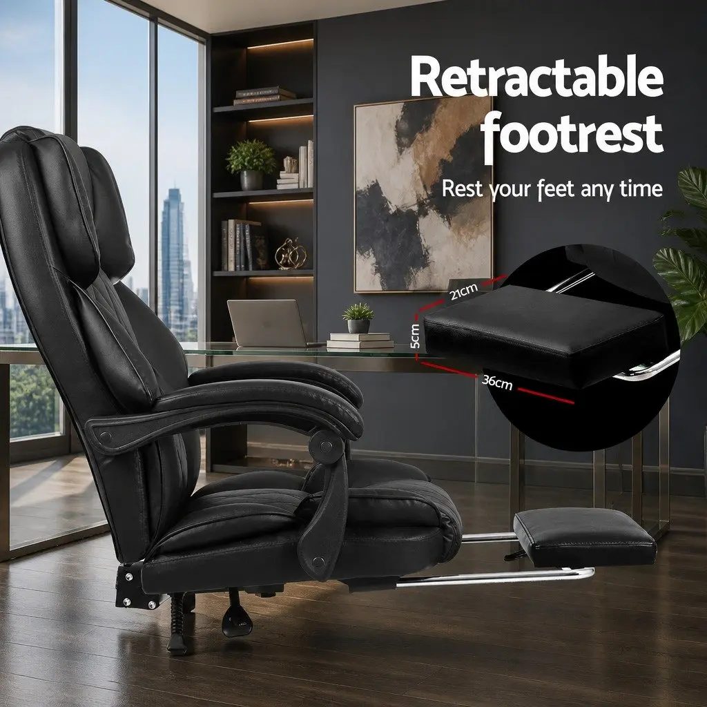 Executive Office Chair Reclining Black Leather High-Back with Footrest
