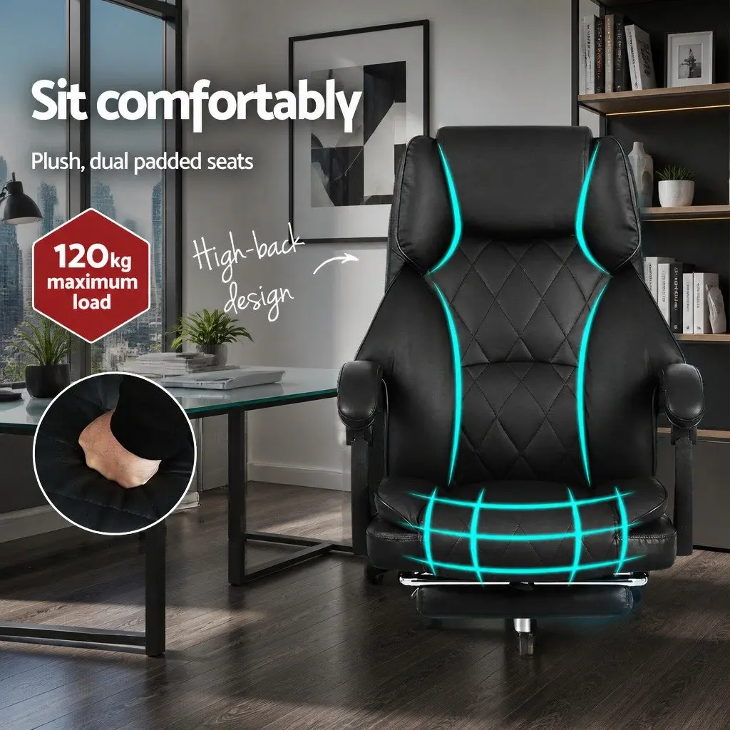 Executive Office Chair Reclining Black Leather High-Back with Footrest