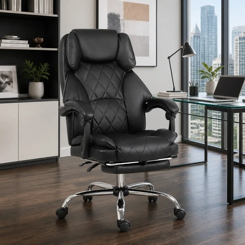 Executive Office Chair Reclining Black Leather High-Back with Footrest