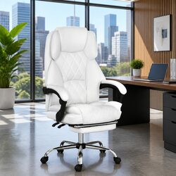 Comfortable White Executive Office Chair with Footrest