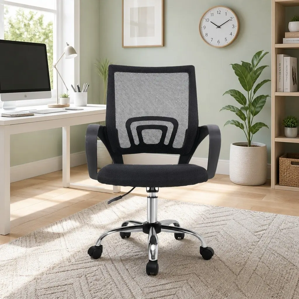 Mesh Office Chair Mid Back Ergonomic Black Breathable with Chrome Base