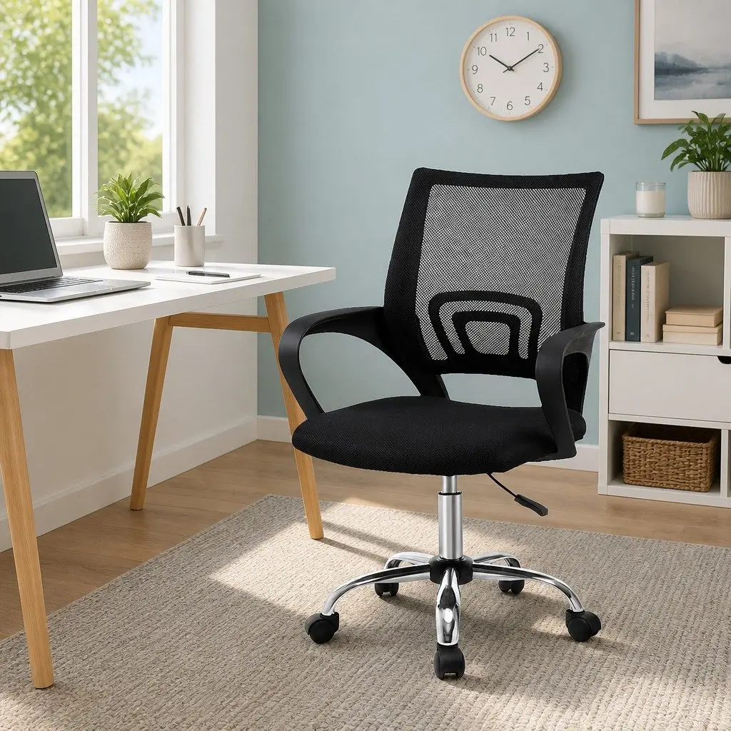 Mesh Office Chair Mid Back Ergonomic Black Breathable with Chrome Base