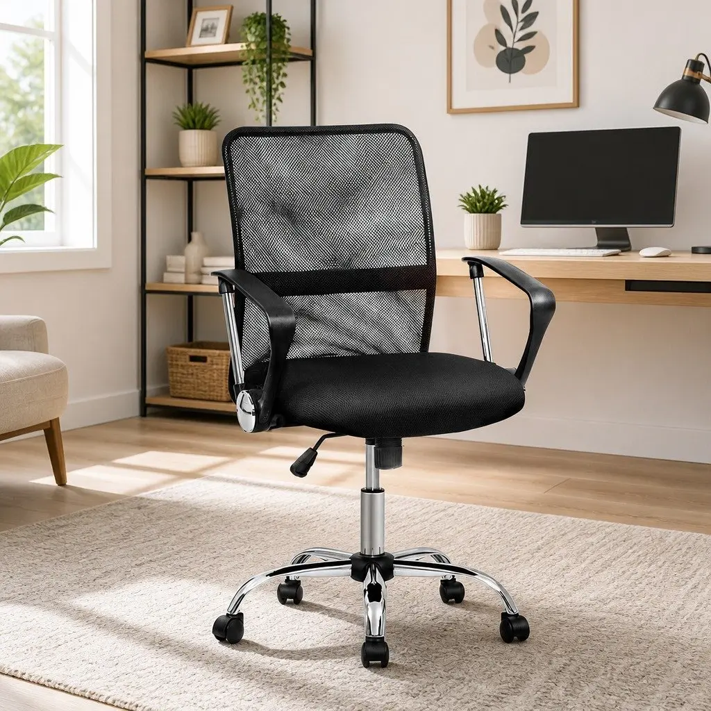Office Chair Mesh Mid Back Black Foam Padded Swivel with Lumbar Support