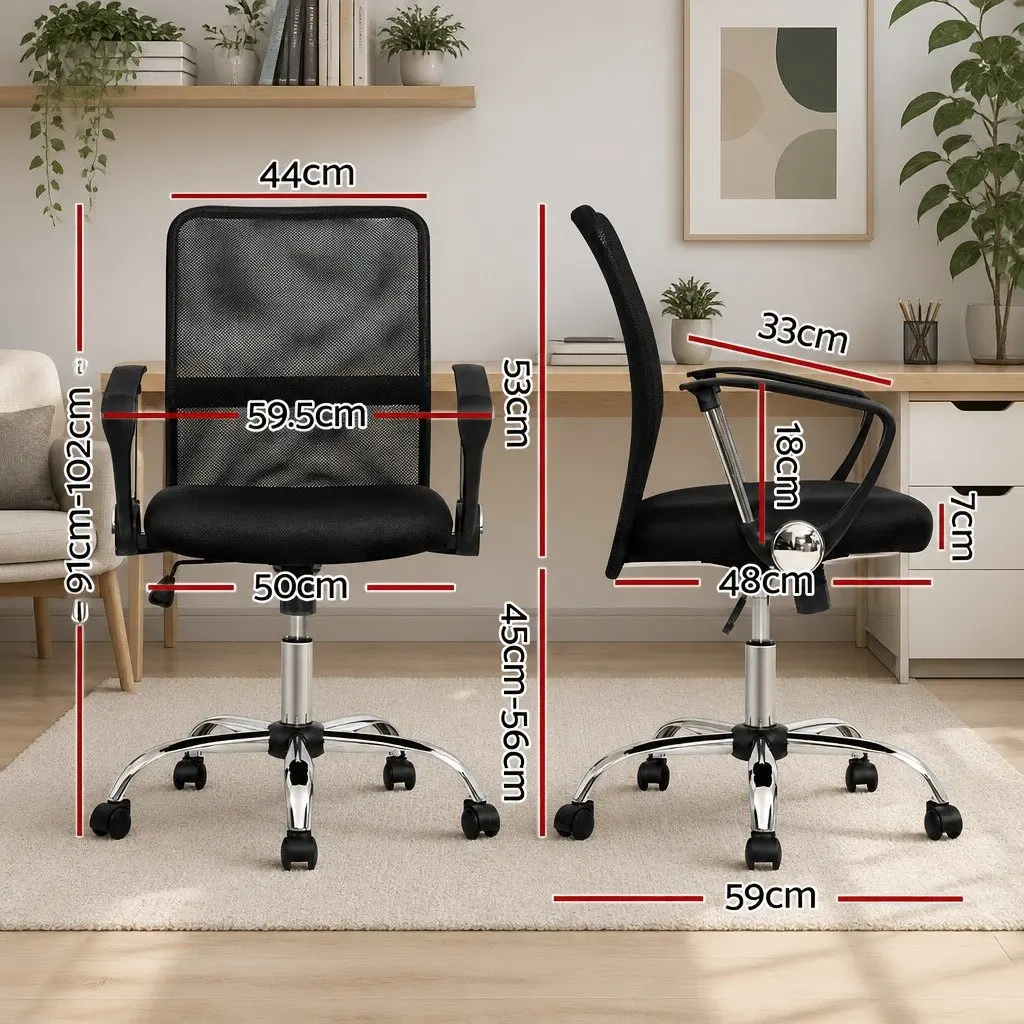 Office Chair Mesh Mid Back Black Foam Padded Swivel with Lumbar Support