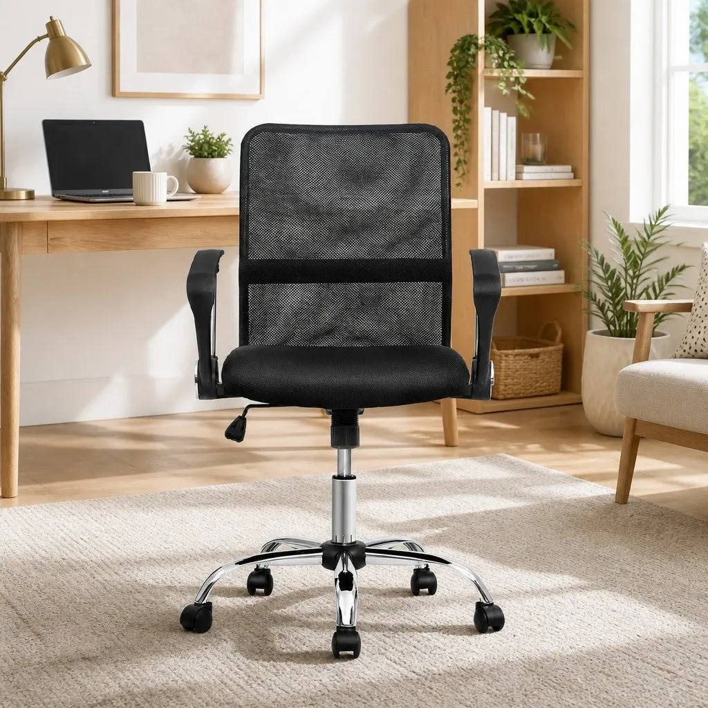 Office Chair Mesh Mid Back Black Foam Padded Swivel with Lumbar Support