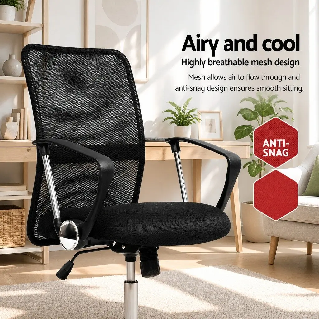 Office Chair Mesh Mid Back Black Foam Padded Swivel with Lumbar Support