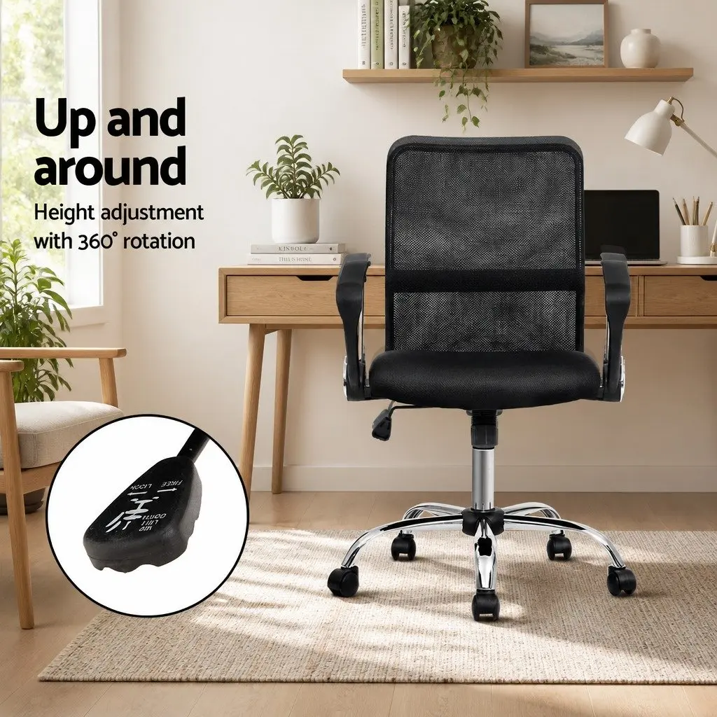 Office Chair Mesh Mid Back Black Foam Padded Swivel with Lumbar Support