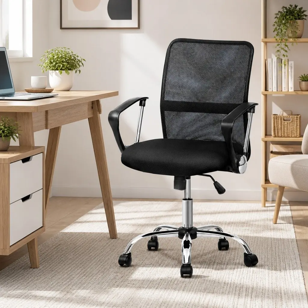 Office Chair Mesh Mid Back Black Foam Padded Swivel with Lumbar Support