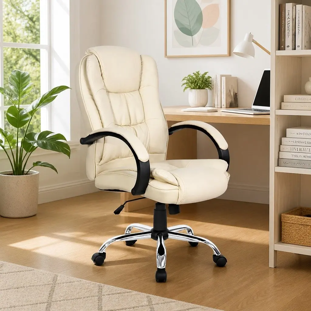 Executive Office Chair High Back Beige PU Synthetic Leather