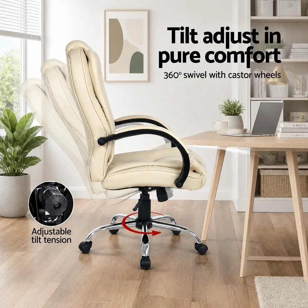 Executive Office Chair High Back Beige PU Synthetic Leather