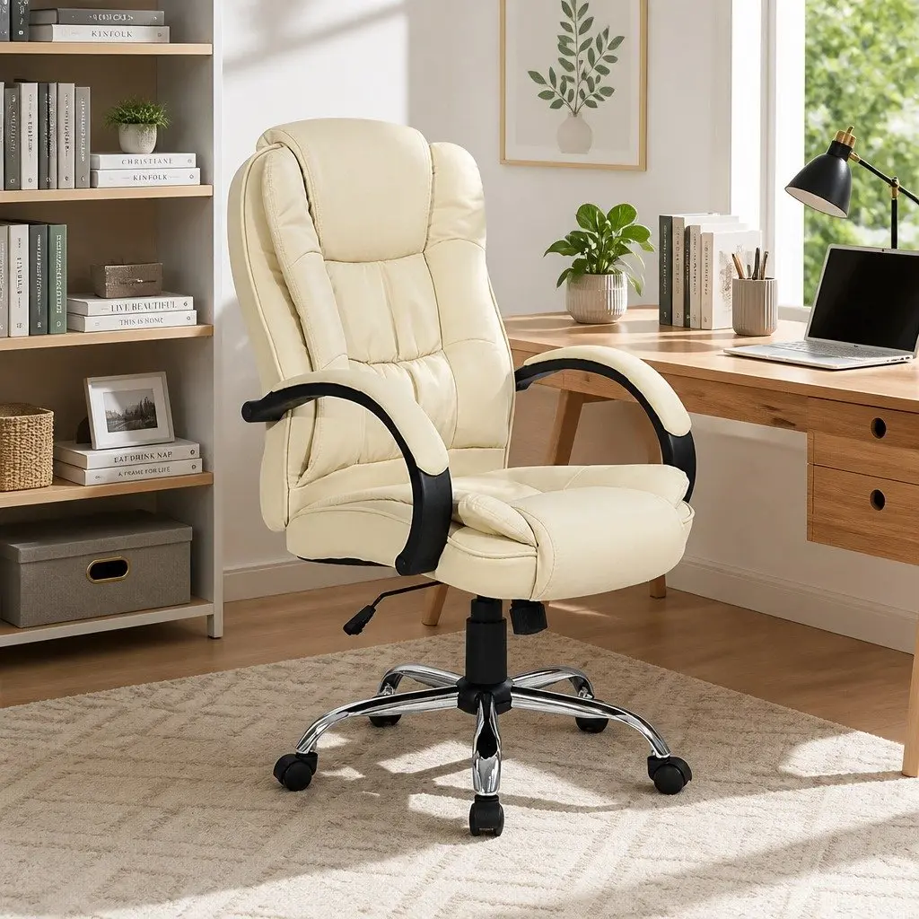 Executive Office Chair High Back Beige PU Synthetic Leather