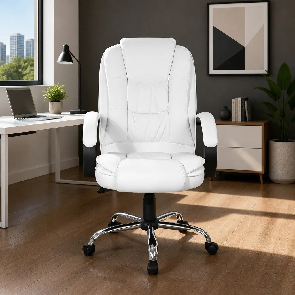Executive Office Chair White High Back Tilt Swivel Padded Headrest Armrests