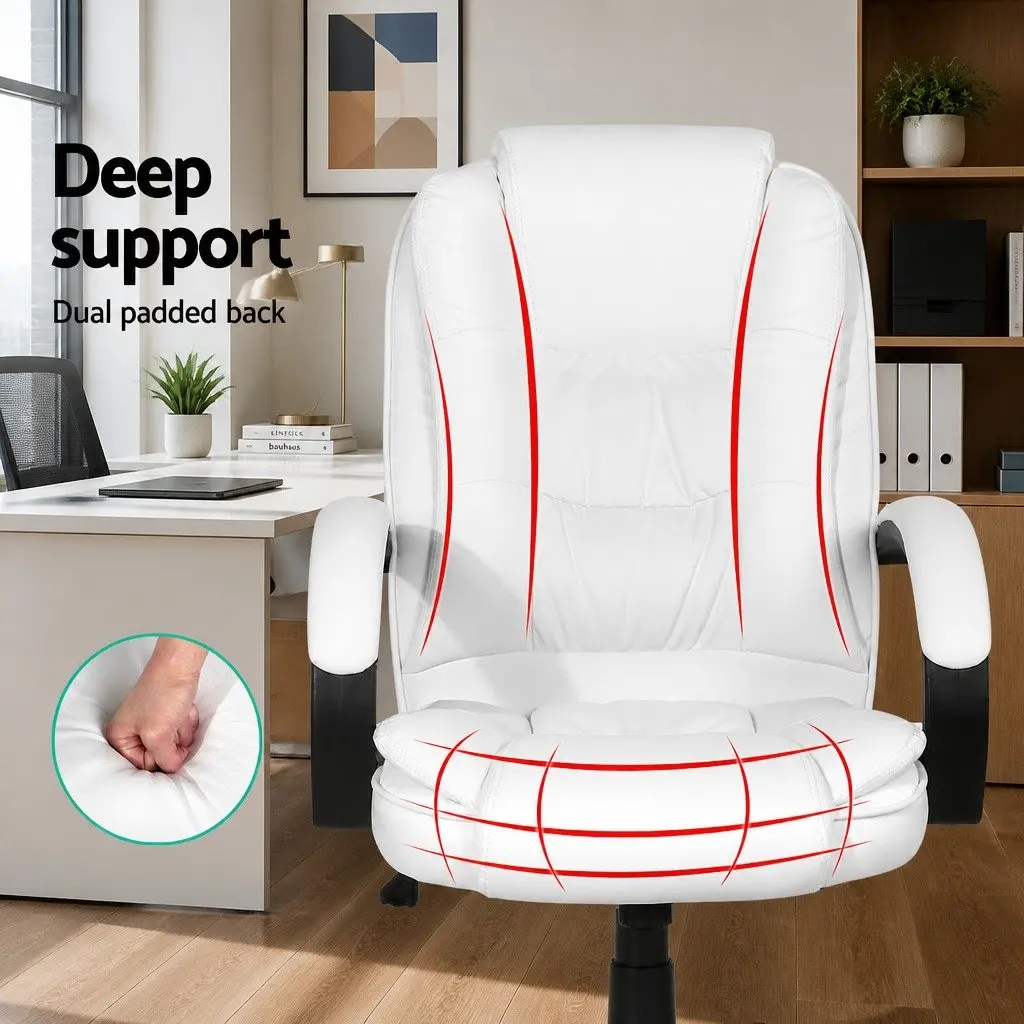 Executive Office Chair White High Back Tilt Swivel Padded Headrest Armrests
