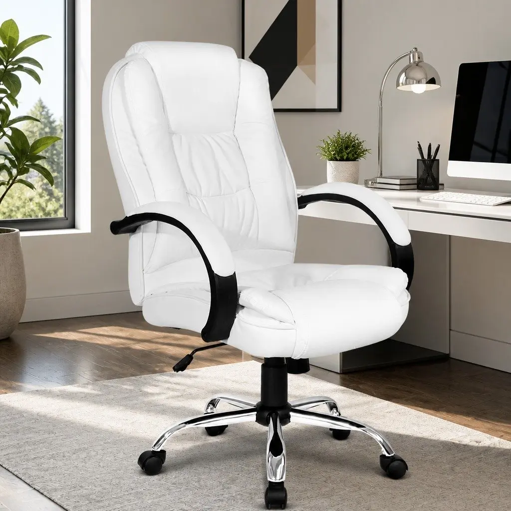 Executive Office Chair White High Back Tilt Swivel Padded Headrest Armrests