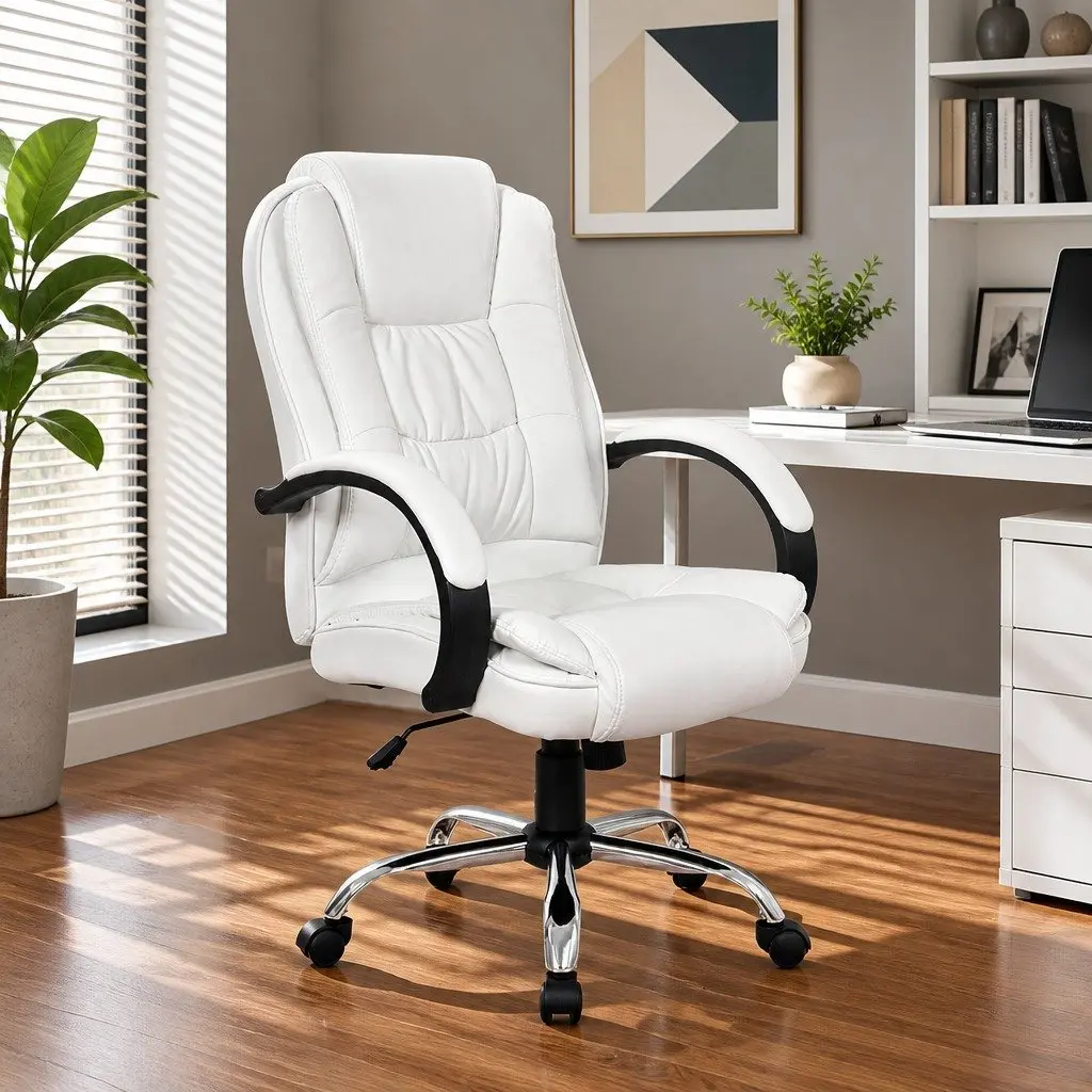 Executive Office Chair White High Back Tilt Swivel Padded Headrest Armrests
