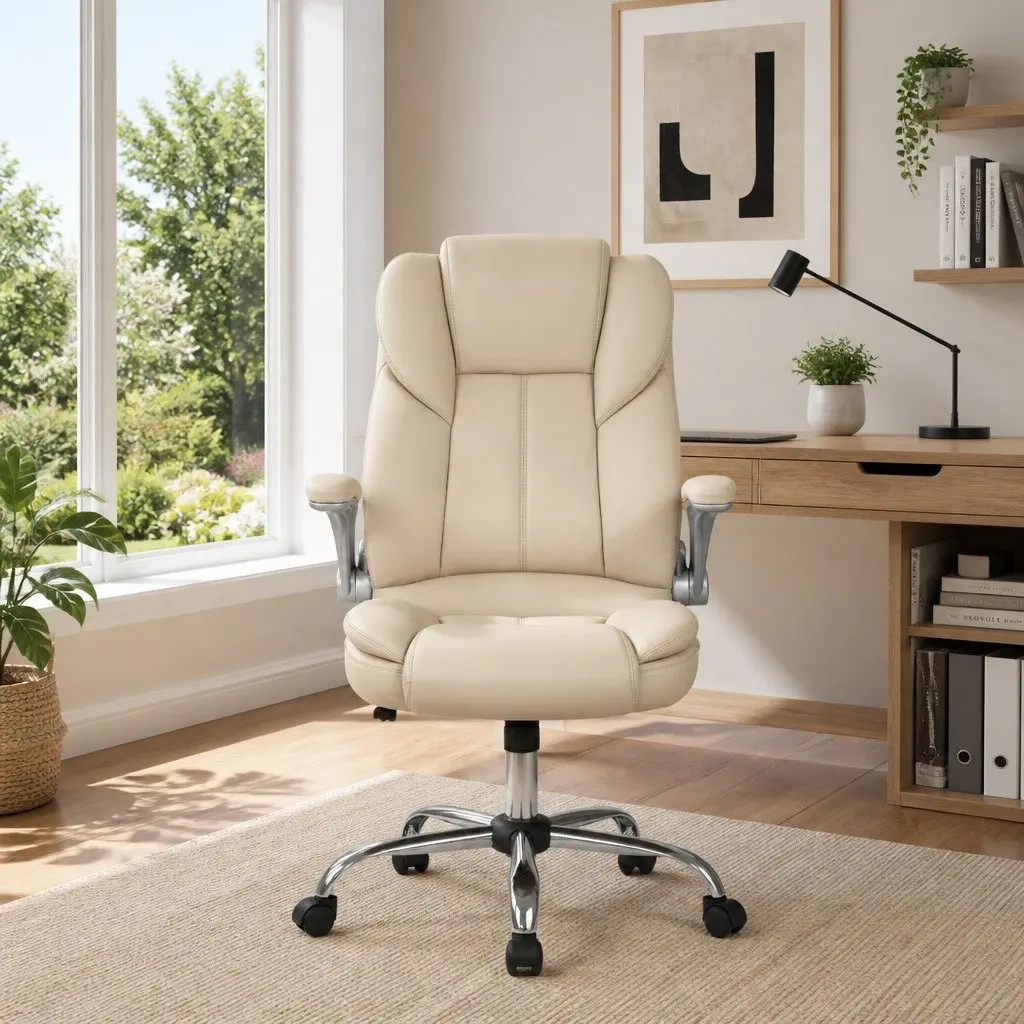 Beige PU Leather Executive Office Chair with Lumbar Support