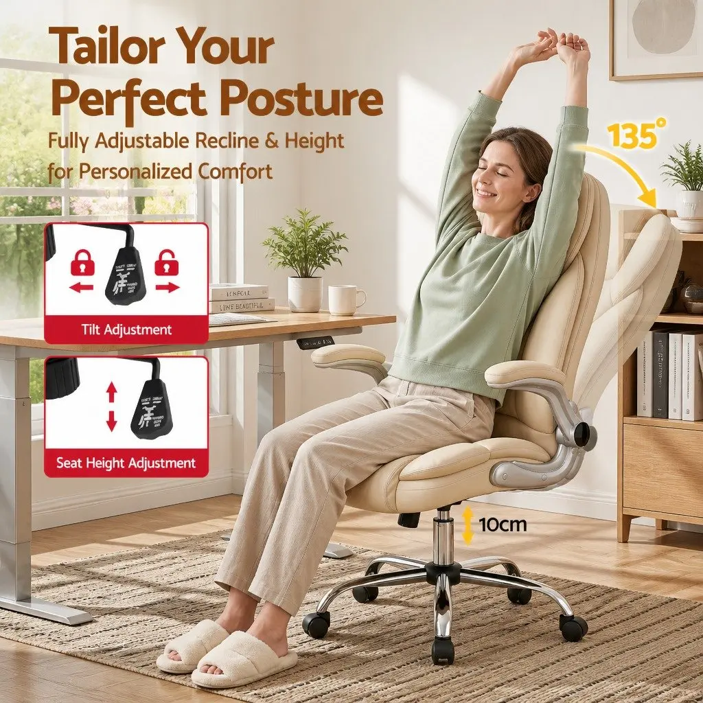 Beige PU Leather Executive Office Chair with Lumbar Support