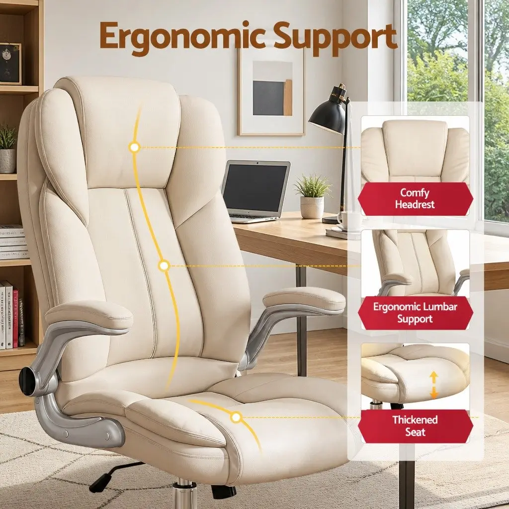 Beige PU Leather Executive Office Chair with Lumbar Support