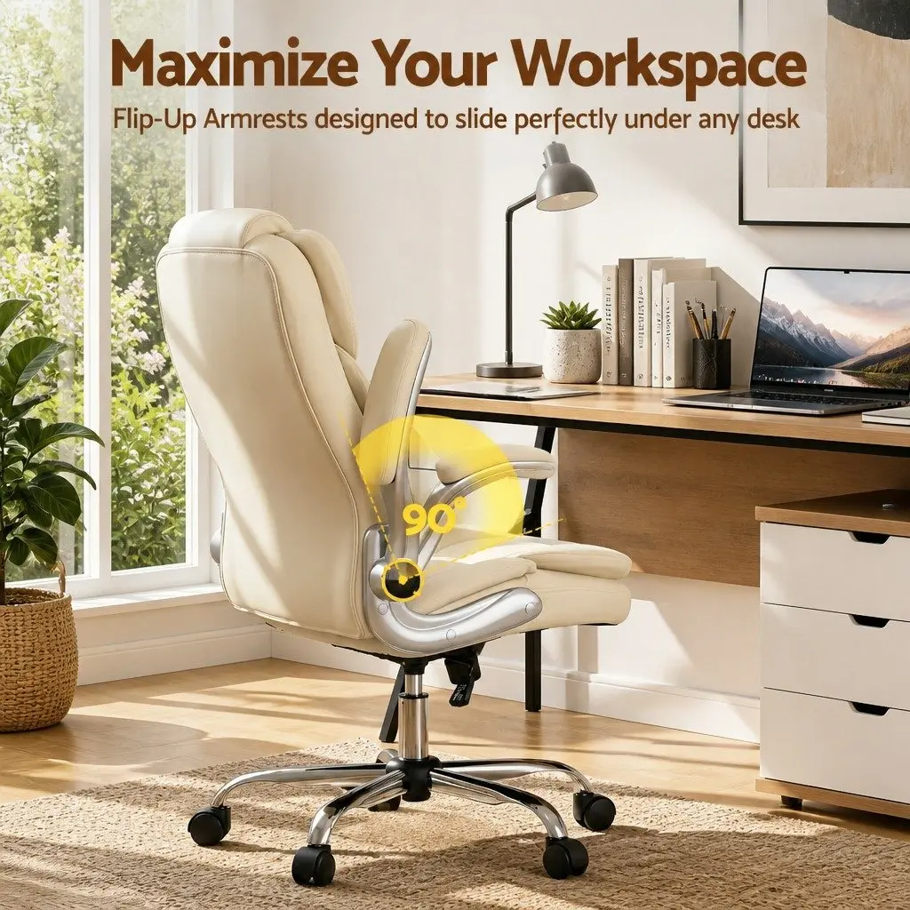 Beige PU Leather Executive Office Chair with Lumbar Support