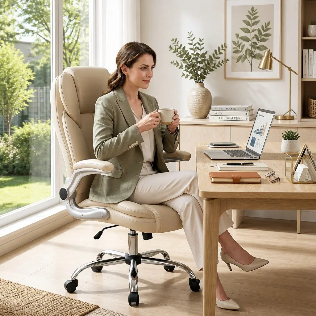 Beige PU Leather Executive Office Chair with Lumbar Support
