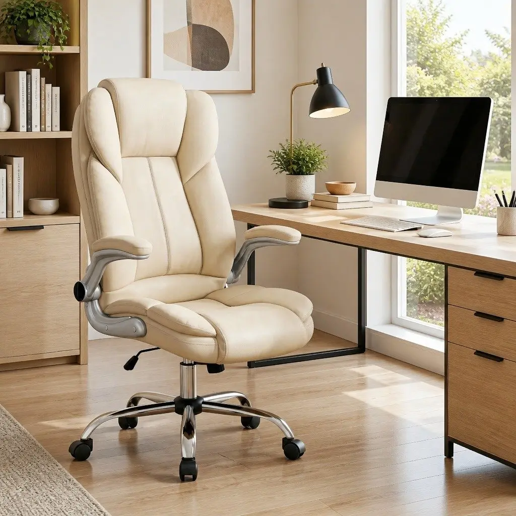 Beige PU Leather Executive Office Chair with Lumbar Support