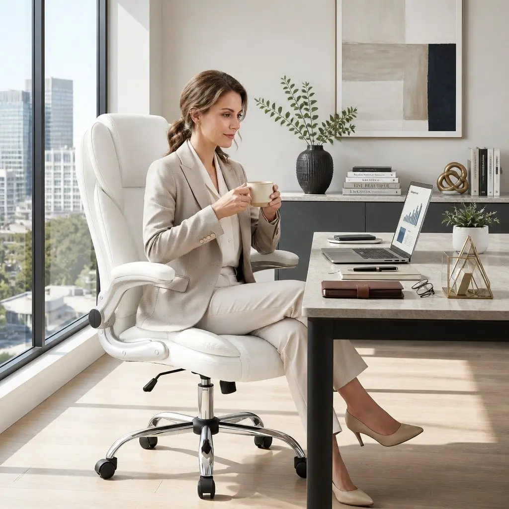 White Leather Executive Office Chair with High Back