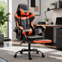 High-Back Executive Gaming Chair with Footrest in Orange