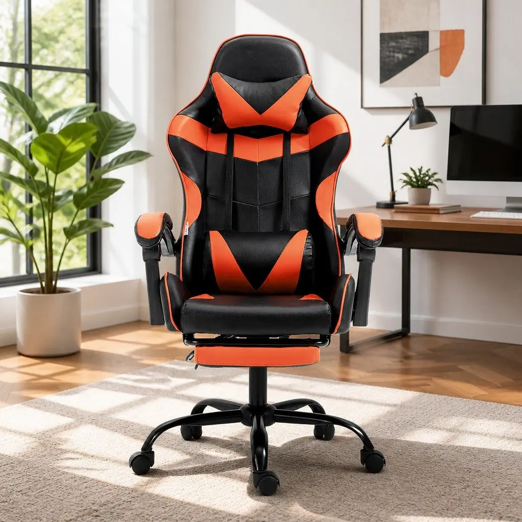 Gaming Office Chair High-Back Recliner Orange PVC Leather