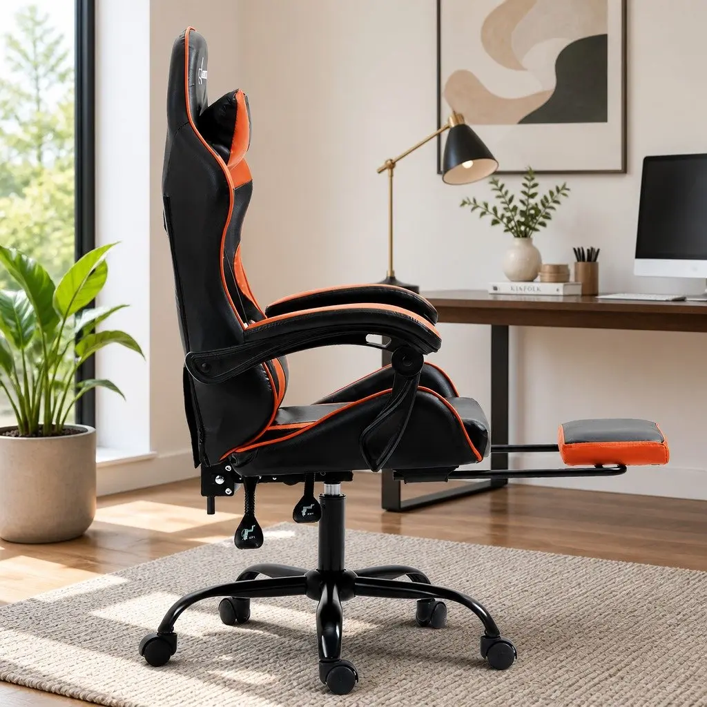Gaming Office Chair High-Back Recliner Orange PVC Leather