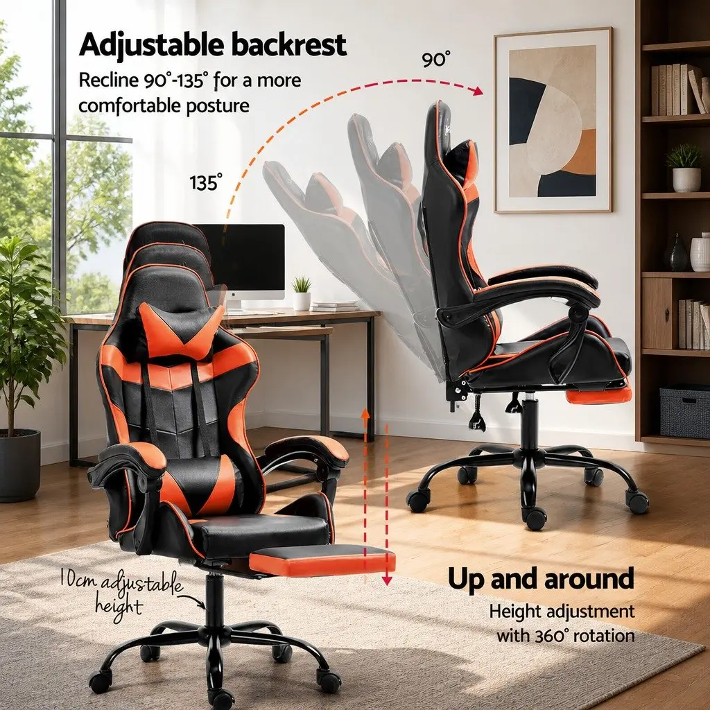 Gaming Office Chair High-Back Recliner Orange PVC Leather