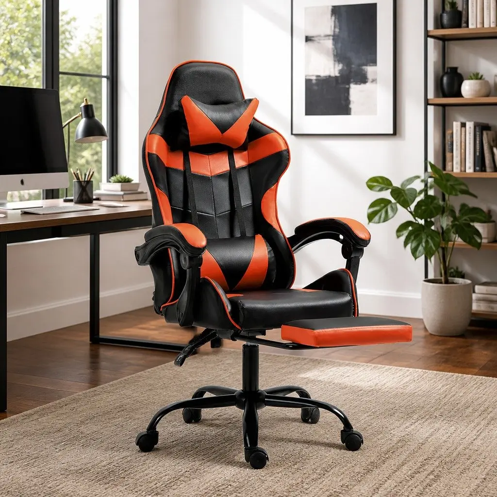 Gaming Office Chair High-Back Recliner Orange PVC Leather