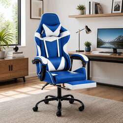 High-Back Gaming Office Chair with Footrest in Blue & White
